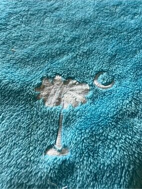 Turquoise Plush Towel with White Palm Tree & Moon Embroidery